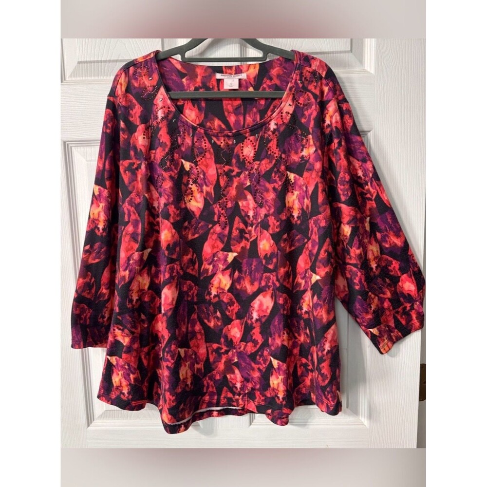 Allison Daley Plus Size Top 1X 3/4 Sleeves Vibrant Rhinestones Black Pink Purple